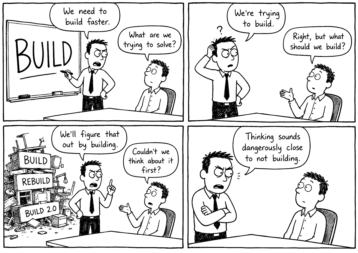 A Buildcorp comic illustrating the principles of build-driven building.